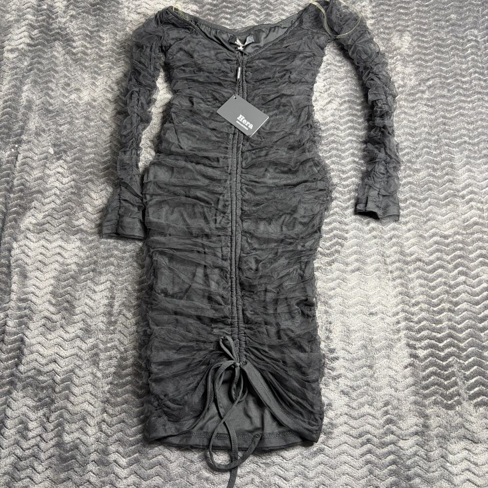 Hera Collection Black Mesh Ruched Bodycon Dress Small Long Sleeve V-Neck NWT